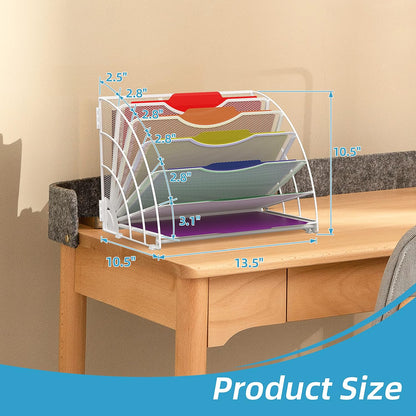 Fan Shaped Desk File Organizer, 6 Compartments for Filing Paper Bills, Letters, Desk Accessories for Workspace, School, Office, Waiting Room, Classroom Storage, White