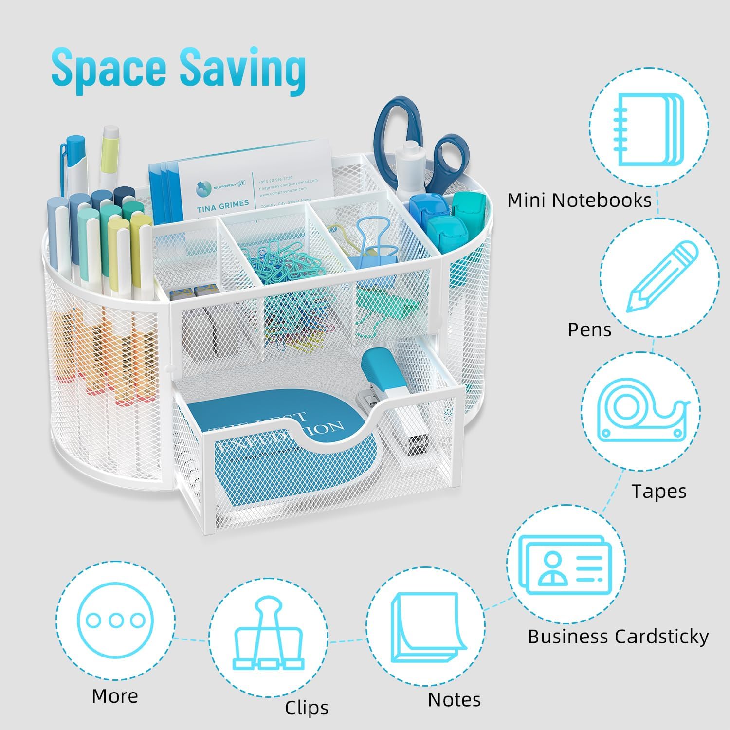 Mesh Desk Organizer, Desk Accessories &amp; Workspace Organizers with Drawers, Pencil Holder for Desk with 9 Compartments for Office Suppliess, 8.6 x 4.3 x 4.1 Inch, White