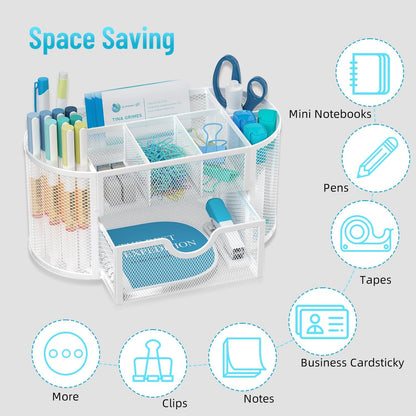 Mesh Desk Organizer, Desk Accessories &amp; Workspace Organizers with Drawers, Pencil Holder for Desk with 9 Compartments for Office Suppliess, 8.6 x 4.3 x 4.1 Inch, White