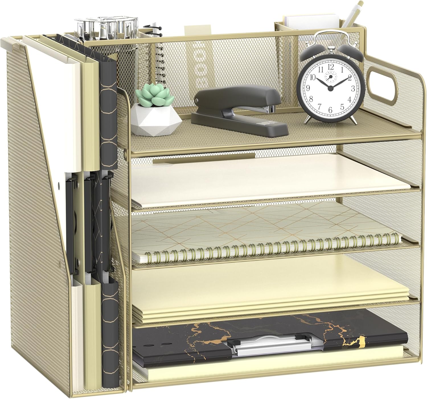 Desk Organizer with File Holder, 5 Tier Desktop File Organizer with 3 Pen Holders, Paper Letter Tray for Office Home Organization &amp; Storage, Mesh Desk Accessories &amp; Supplies, Golden Yellow