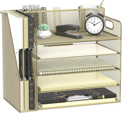 Desk Organizer with File Holder, 5 Tier Desktop File Organizer with 3 Pen Holders, Paper Letter Tray for Office Home Organization &amp; Storage, Mesh Desk Accessories &amp; Supplies, Golden Yellow