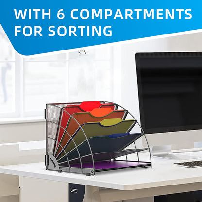 Fan Shaped Desk File Organizer, 6 Compartments for Filing Paper Bills, Letters, Desk Accessories for Workspace, School, Office, Waiting Room, Classroom Storage, Black