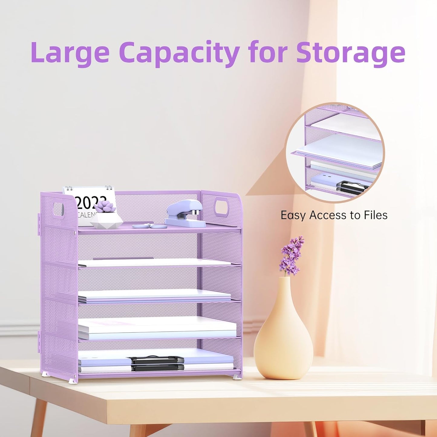 5 Trays Paper Organizer Letter Tray with Handle-Mesh Desk File Organizer, Paper Sorter Desk Organizer for Office, Home or School