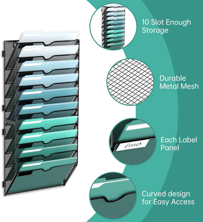 10-Tier Wall File Organizer, Hanging Wall Files for Papers, Folders, Magazines, Wall Organizer for Clipboard, Assembly Needed, Black