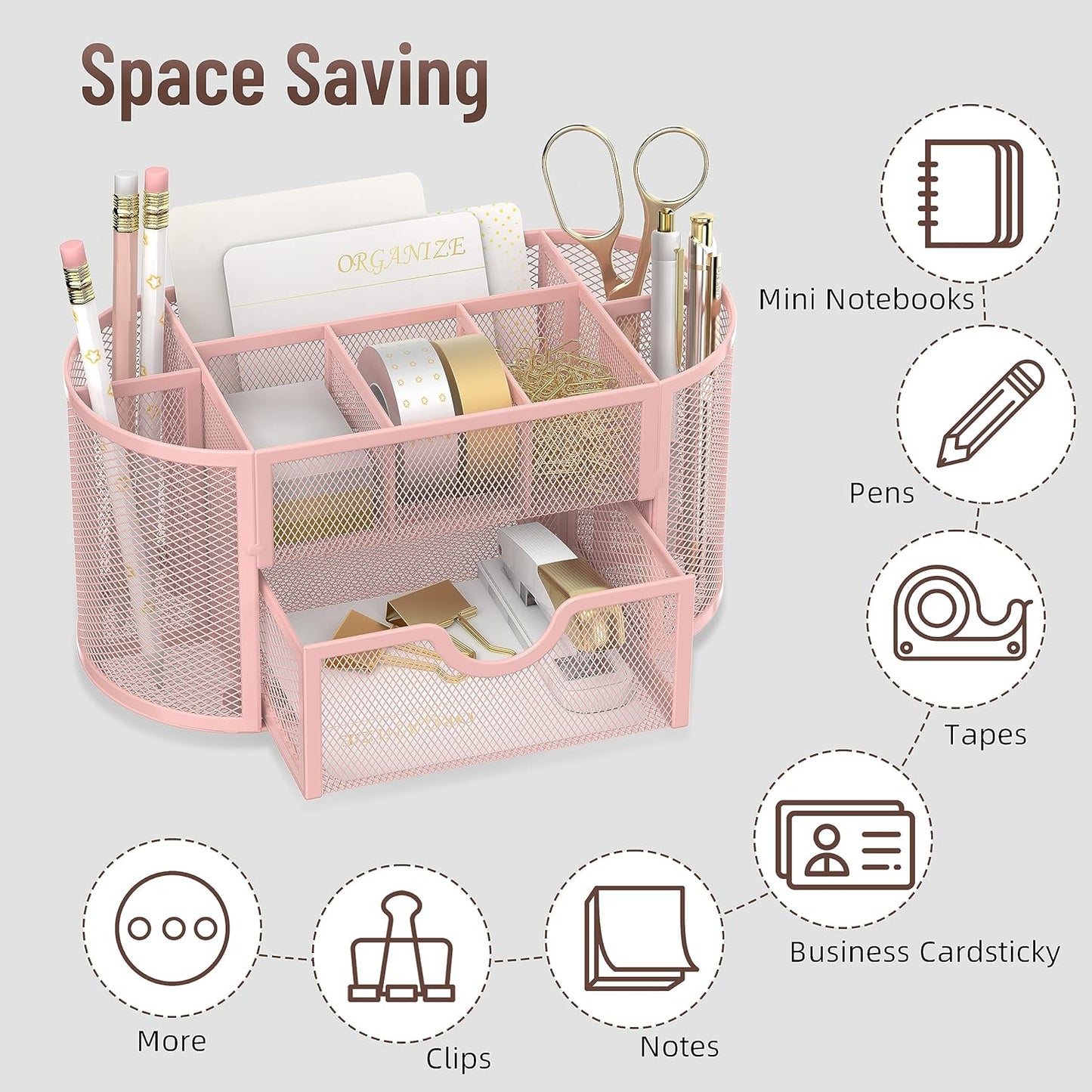 Mesh Desk Organizer, Desk Accessories &amp; Workspace Organizers with Drawers, Pencil Holder for Desk with 9 Compartments for Office Suppliess, 8.6 x 4.3 x 4.1 Inch, Pink
