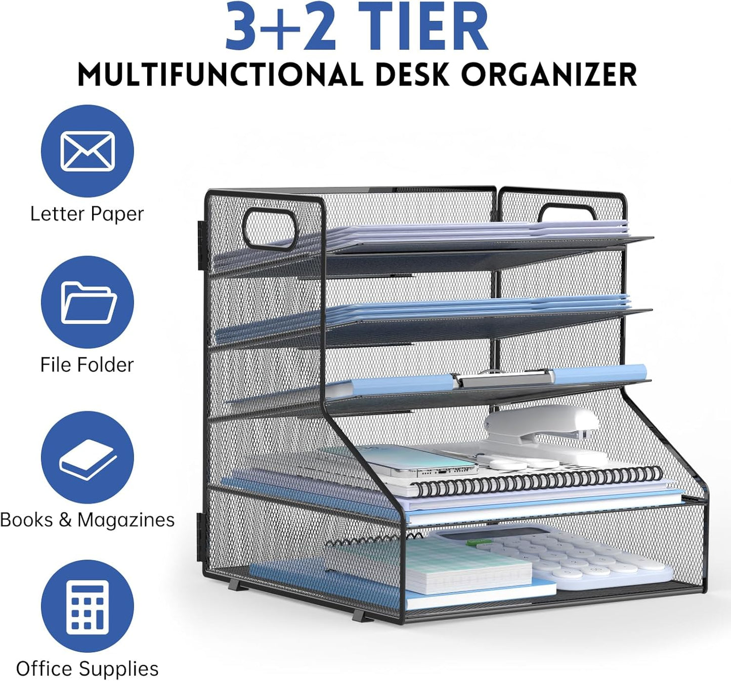 5-Tier Desk File Organizer, Metal Letter Paper Tray, Desk Organizers and Accessories for Home Office Supplies, Black