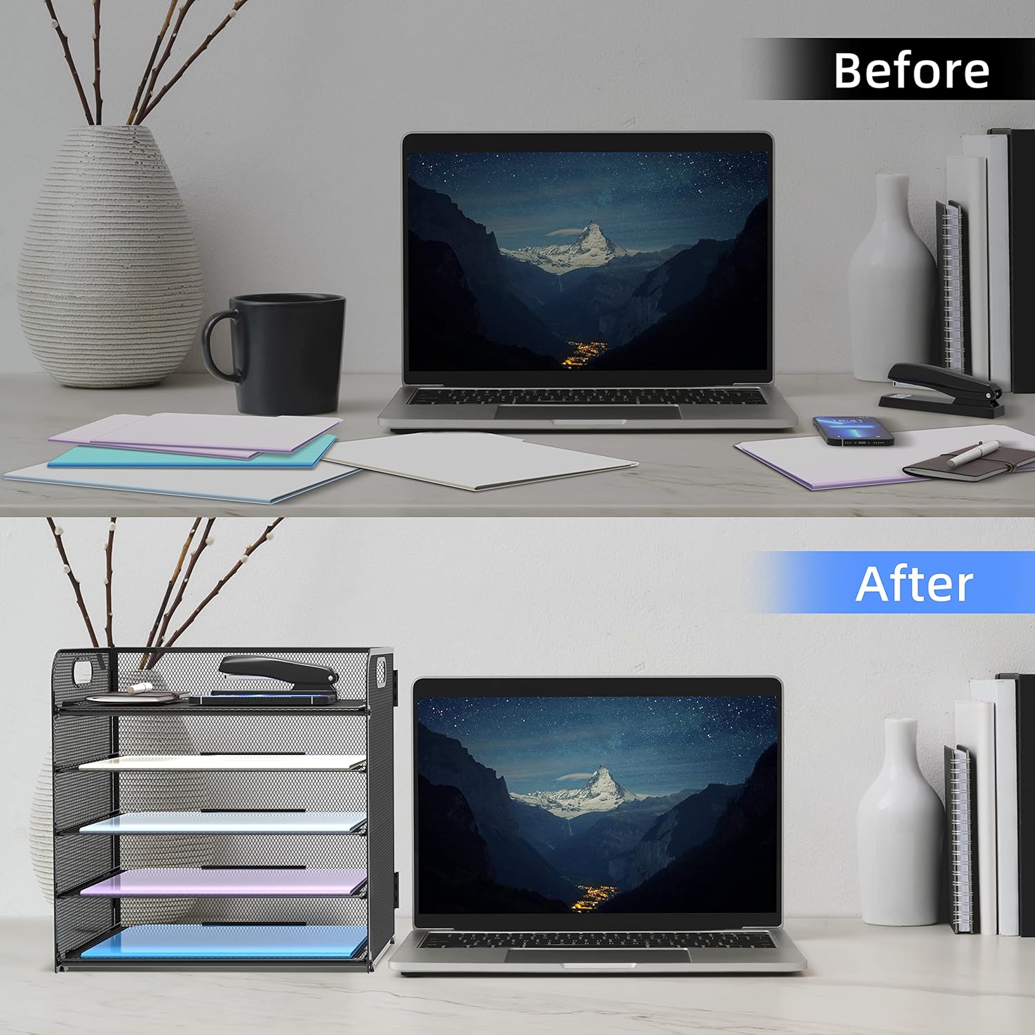 5 Trays Paper Organizer Letter Tray with Handle-Mesh Desk File Organizer, Paper Sorter Desk Organizer for Office, Home or School