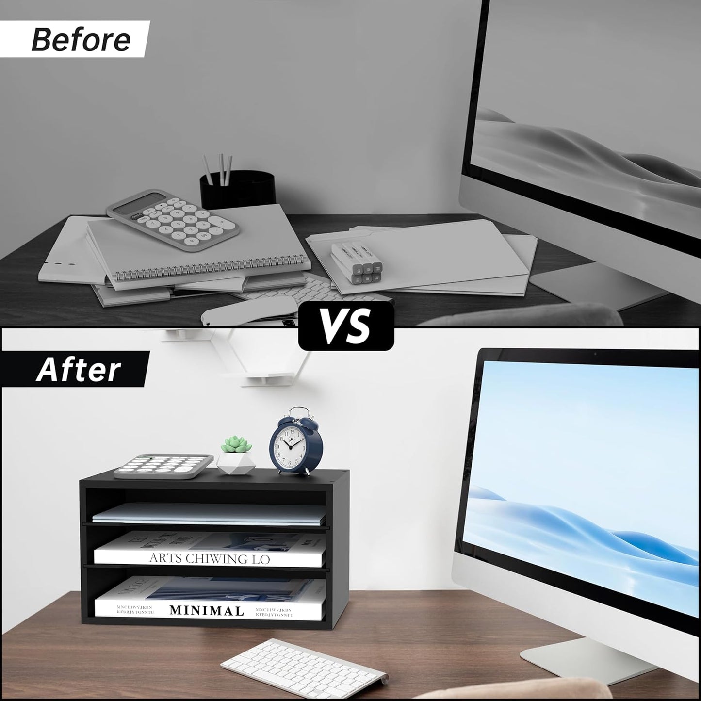 Wooden Desk Organizer - 3 Tier Paper File Organizer for Office, School &amp; Home, Black
